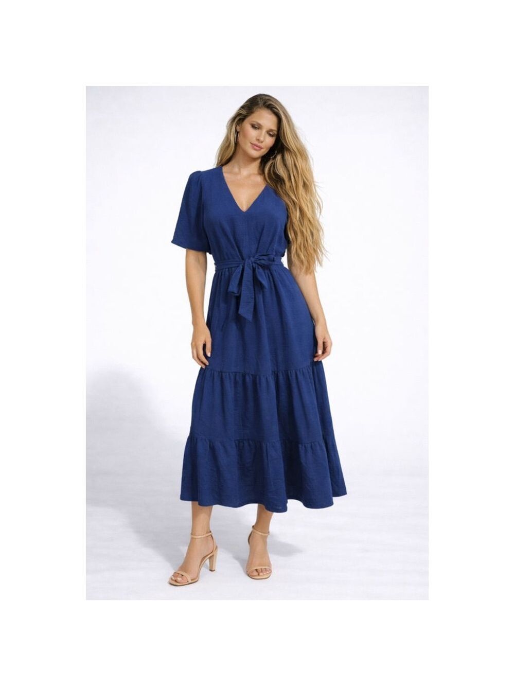 DKNY Womens 4 Blue V Neck Midi Dress Tie Waist Flutter Sleeve NWOT